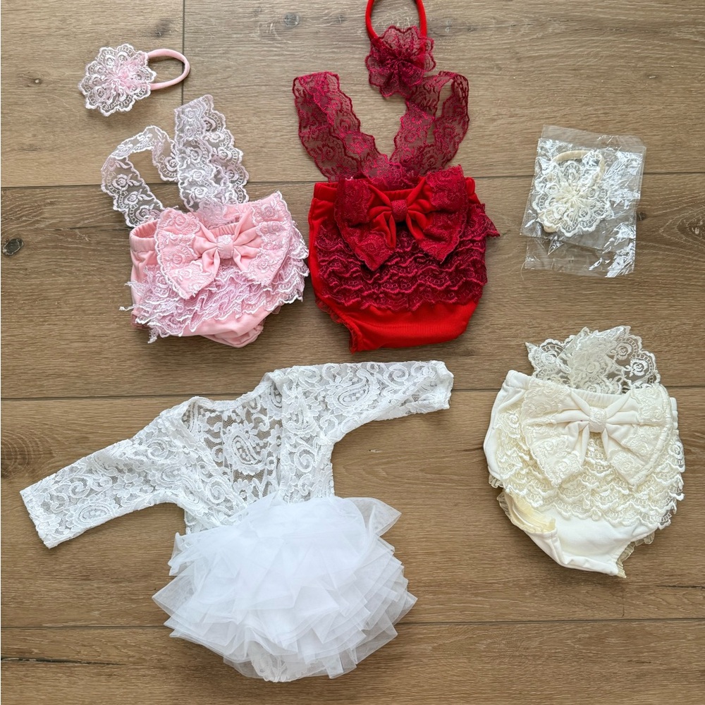 Lace Newborn Photoshoot Baby Outfit Set in Red, Pink, White, and Cream Lot of 4